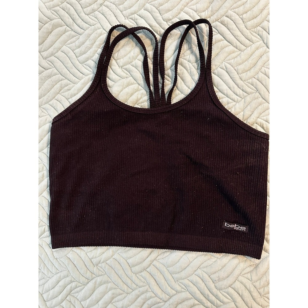 Bebe Sport‎ Womens Medium Ribbed Multi Strap Racerback Crop Tank Top Black